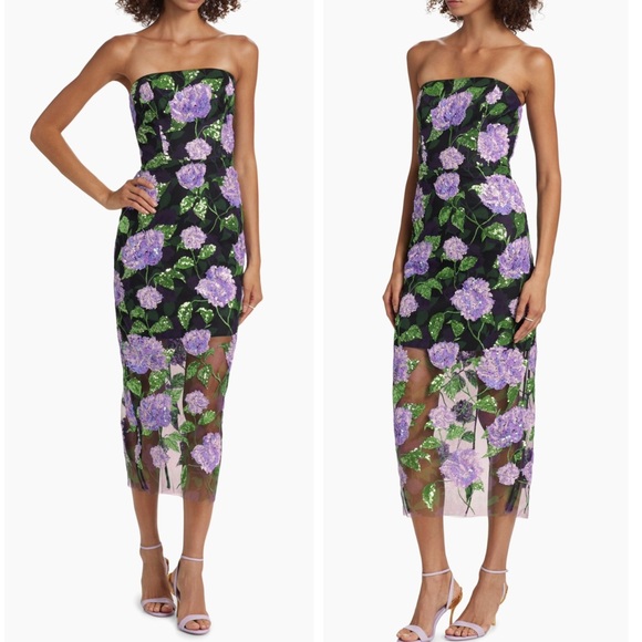 Milly Kait Strapless Floral Mesh Sequined Midi Evening 
Cocktail Dress Size 0 - Picture 1 of 13